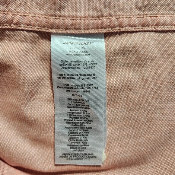 Jack&Jones Premium Men's Cotton Short-Sleeve Button-Down Shirt L Peach/colar - Picture 6 of 8